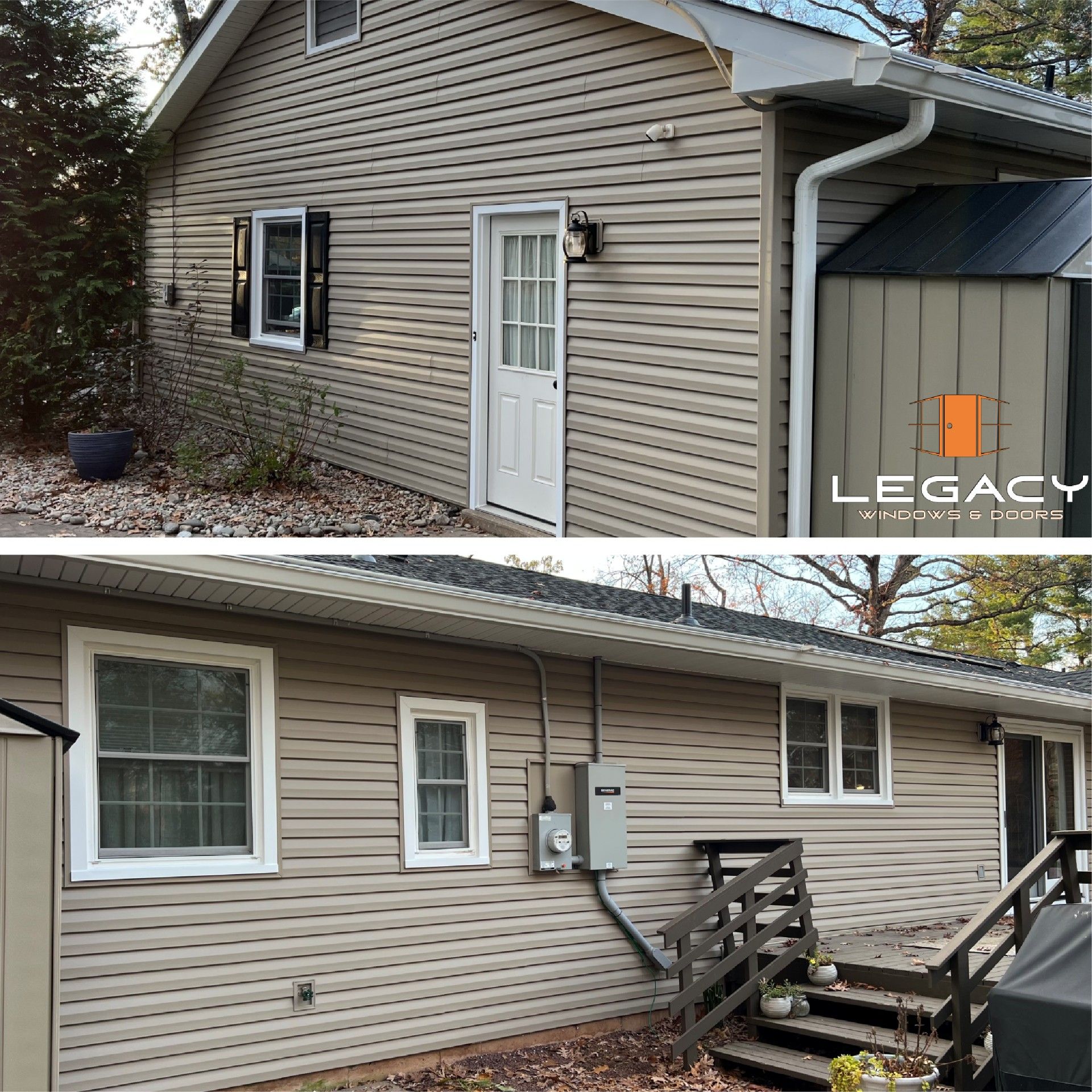 Two-part photo showing a house with tan siding. Top: front door, black shutters. Bottom: windows, stairs.