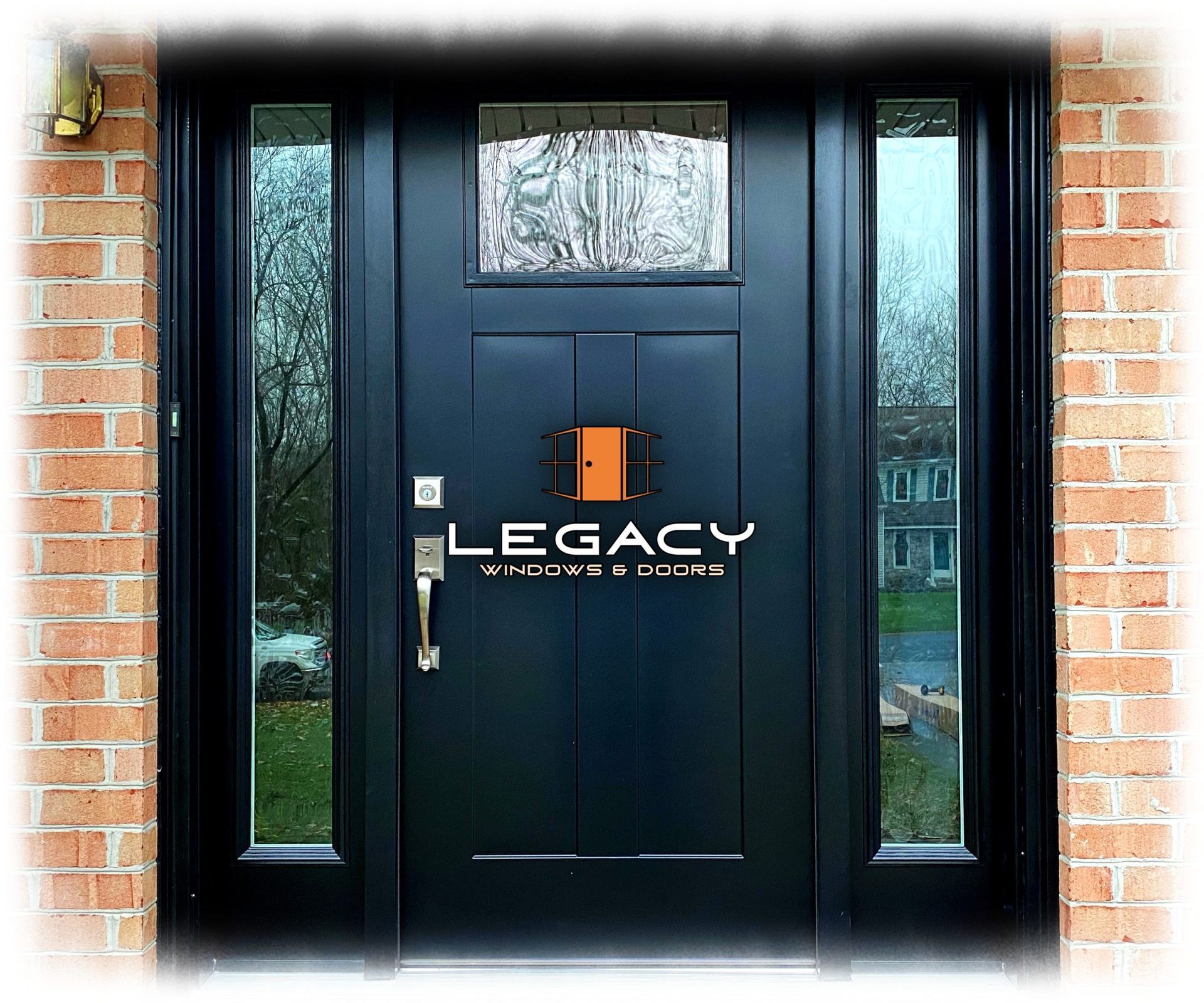 Black front door with sidelights, Legacy logo, and textured glass, set in a brick facade.