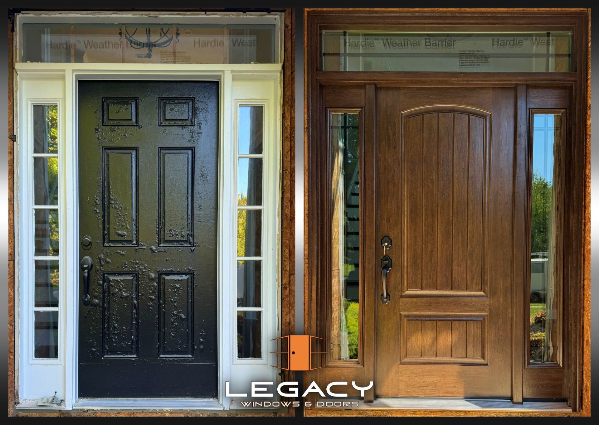 Two front doors: one black, peeling paint; the other brown stained wood. Legacy logo at bottom.