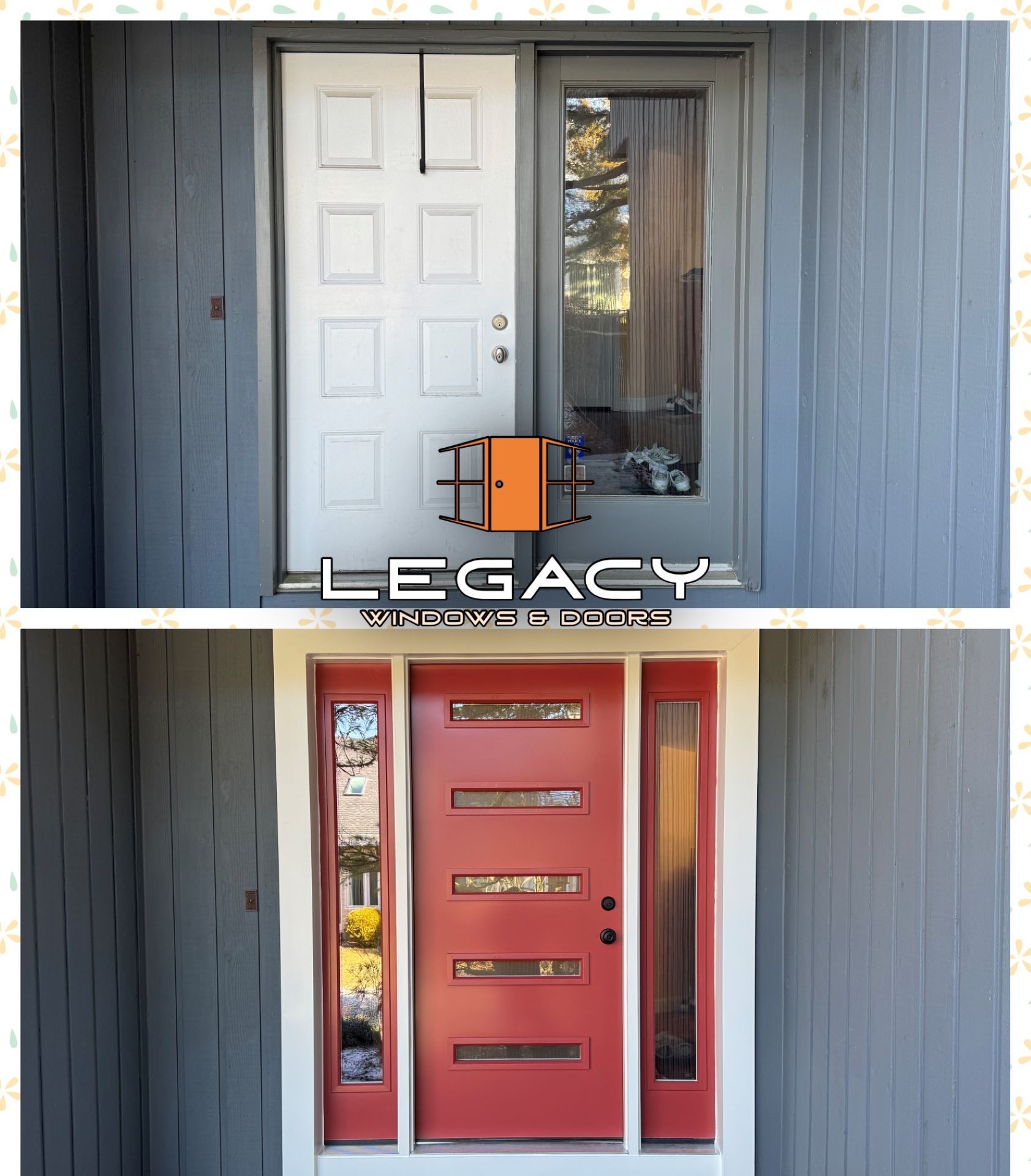 Before and after of a home's entryway: white door replaced by red door with sidelight and transom, improving curb appeal.
