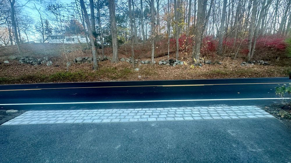 Paved road with a brick-like pathway in front. Trees and brush line the other side of the road.