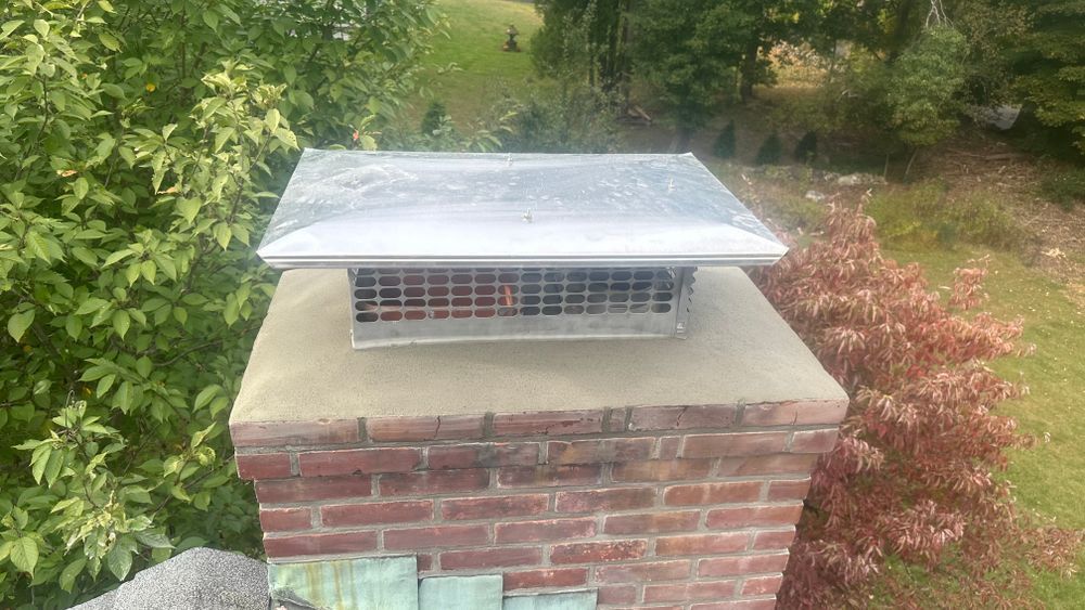 Chimney with a metal cap and screen on a brick structure, surrounded by trees and greenery.