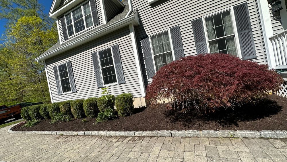 Gray house with shutters, a red-leafed shrub, and green shrubs in a mulched bed along a paved driveway.