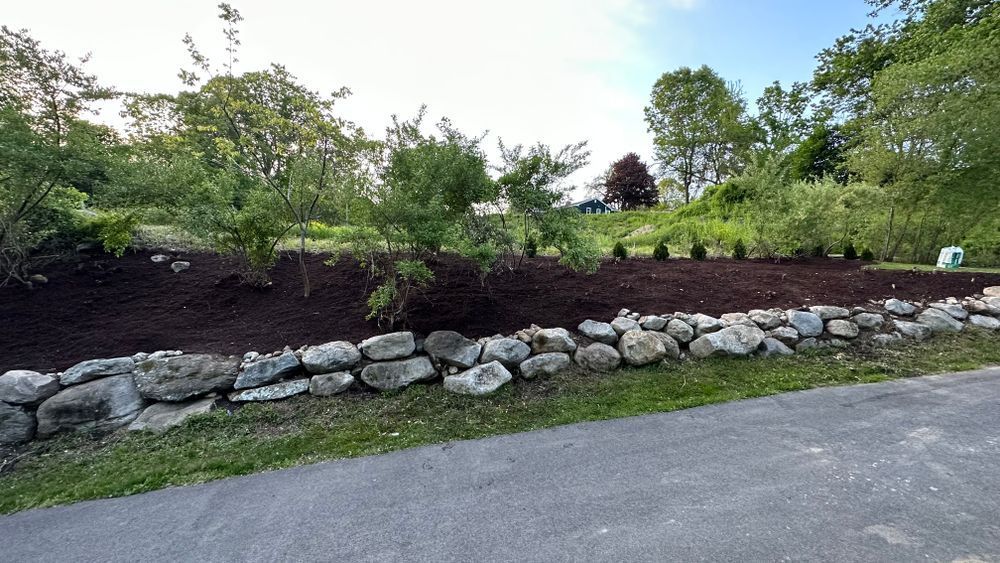 Stone retaining wall with a mulch-covered garden bed planted with small trees and bushes, on a slightly sloped hill.