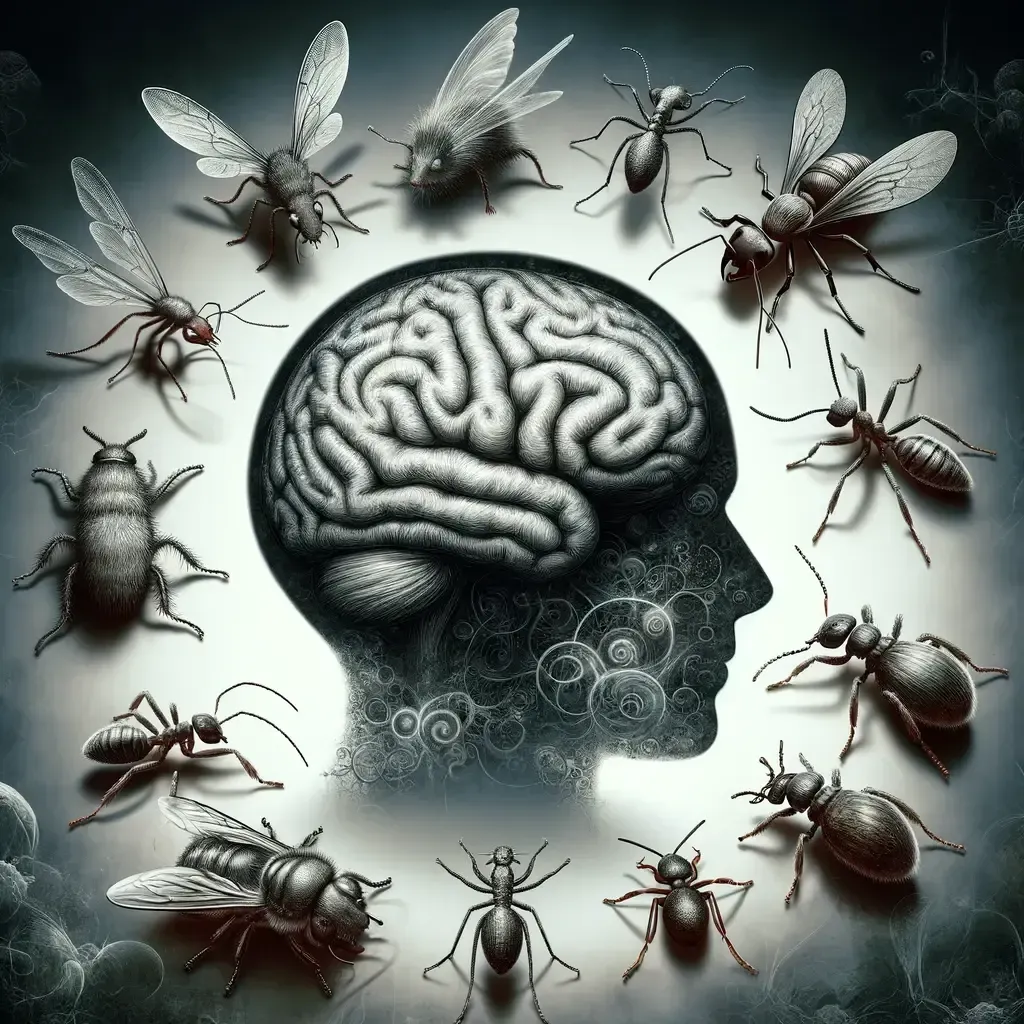 A conceptual image portraying the psychology of pests, with a central feature of a realistic brain. 