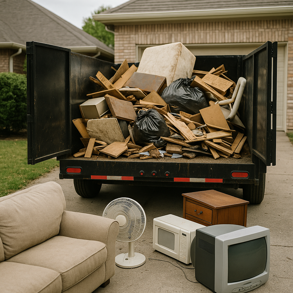 A full dumpster, surrounded by discarded furniture and appliances on a driveway.