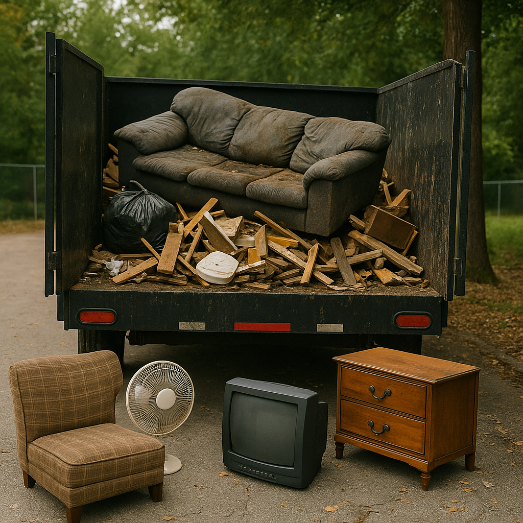 Dump truck filled with trash, a sofa, wooden planks, and discarded furniture on pavement.