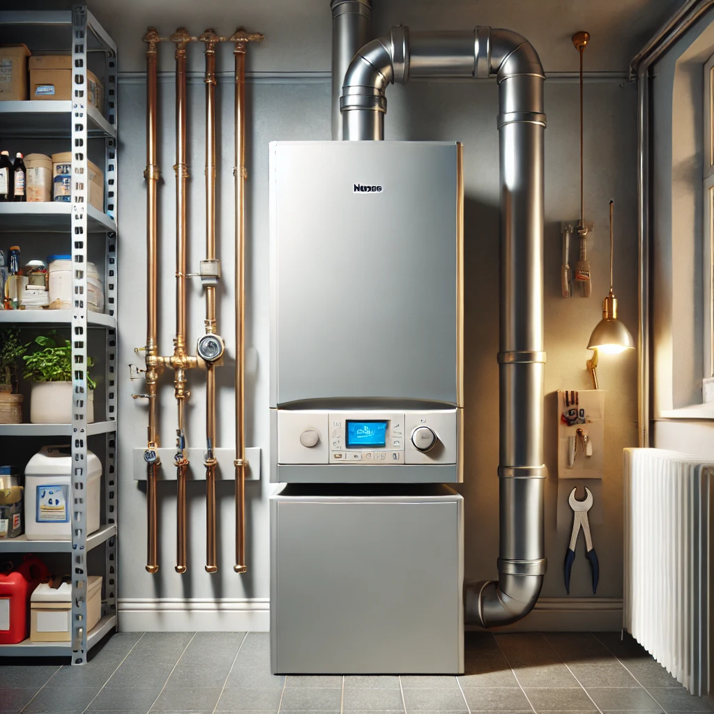 Boiler in a utility room with copper pipes, a metal vent, and shelves with supplies.
