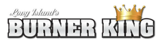 A logo for long island 's burner king with a gold crown