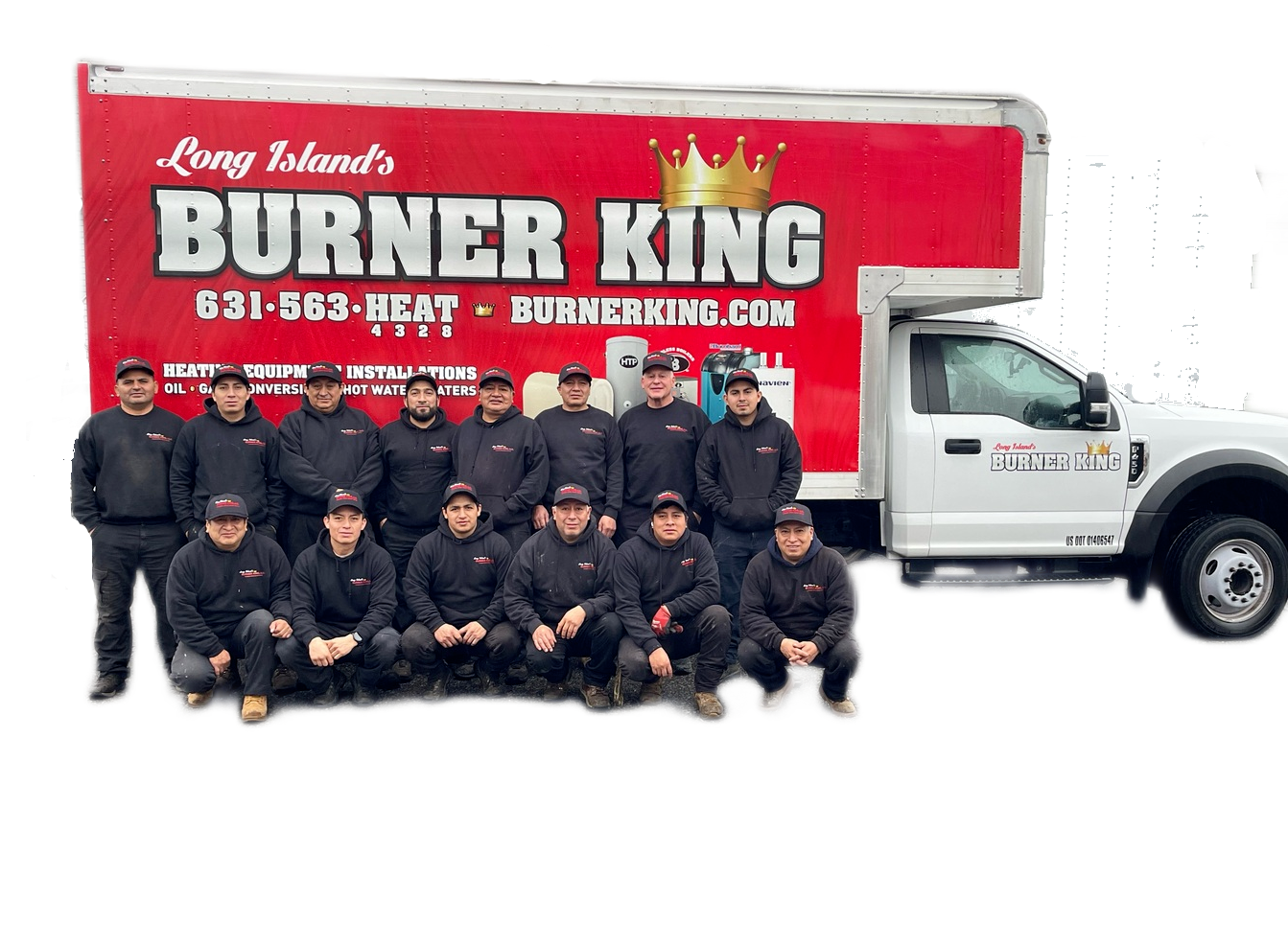 a group of men are posing for a picture in front of a burner king truck .