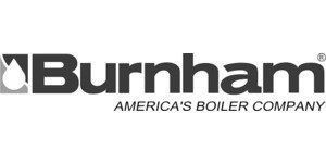 the burnham america 's boiler company logo is black and white .