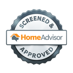 A silver scalloped badge featuring the HomeAdvisor logo and the text "SCREENED & APPROVED."