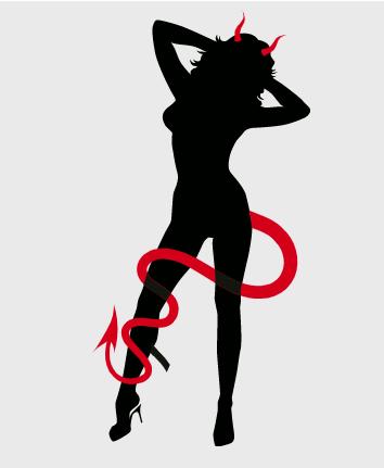 Silhouette of a devil woman with horns, tail, and heels in a provocative pose.