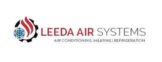 Leeda Air Systems logo with red and blue flame and snowflake icon, air conditioning, heating, refrigeration text