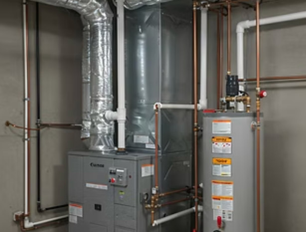Mechanical room with HVAC furnace, ductwork, and water heater against a wall