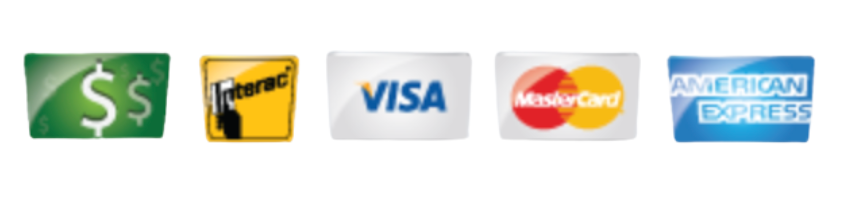 Credit card payment logos: green cash icon, Interac, Visa, MasterCard, and American Express.