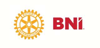 Rotary International and BNI logos side by side, orange emblem and red text on white background