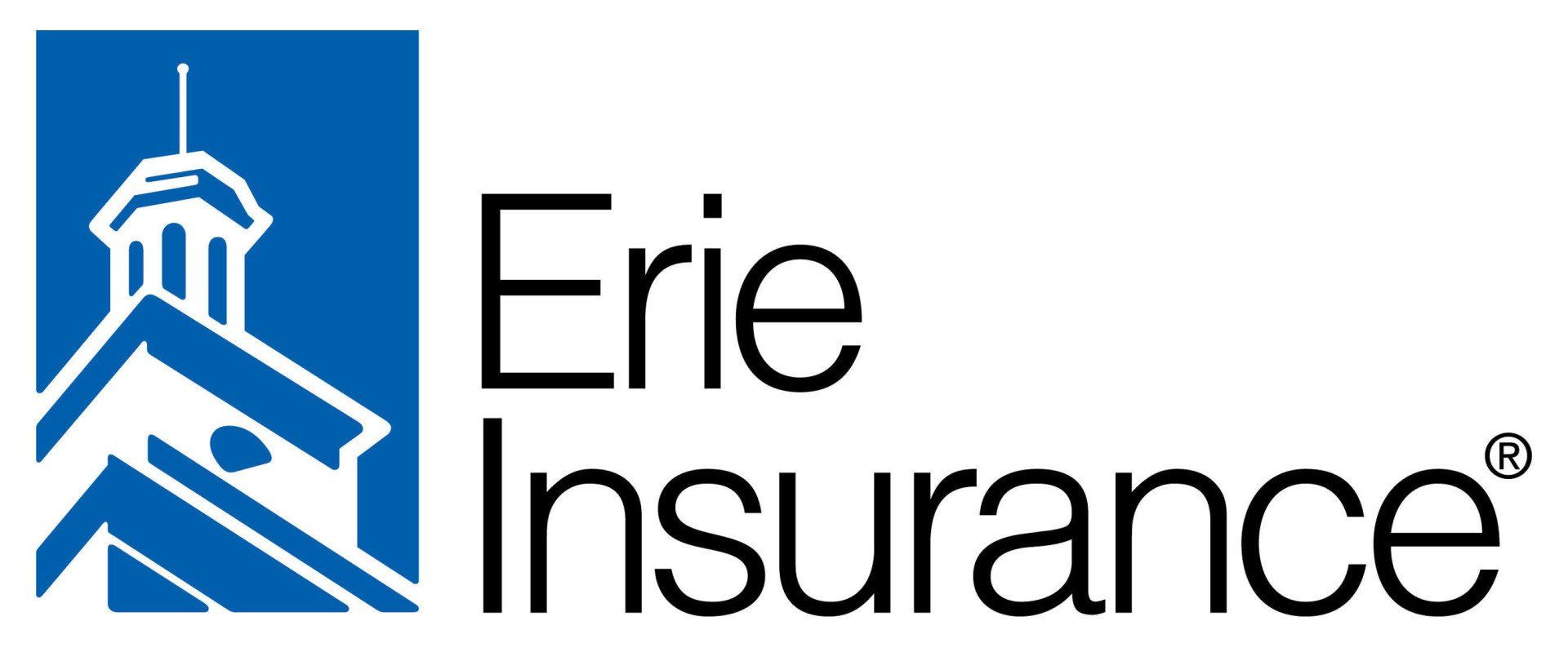 The logo for erie insurance shows a building with a tower on top of it.