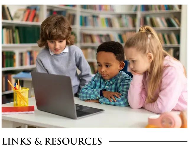 A group of children are looking at a laptop computer in a library.