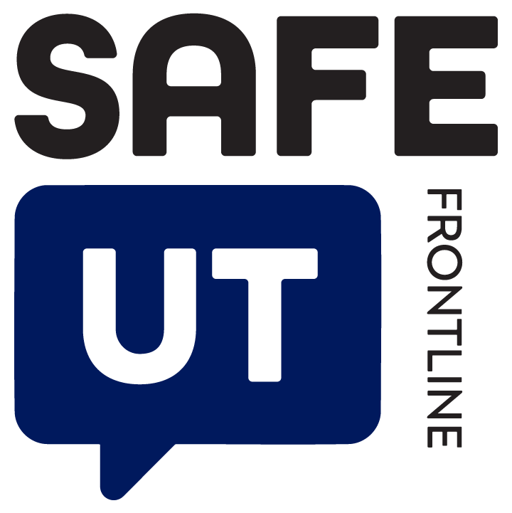 The logo for safe frontline utah is a blue square with a speech bubble.