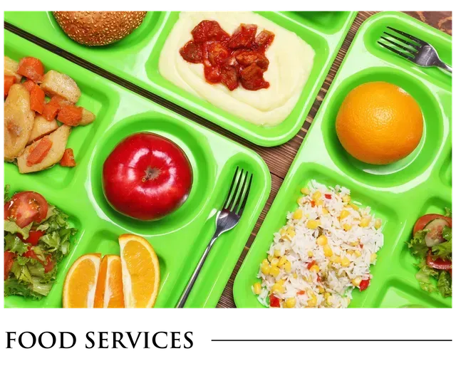 A tray of food with the words food services below it