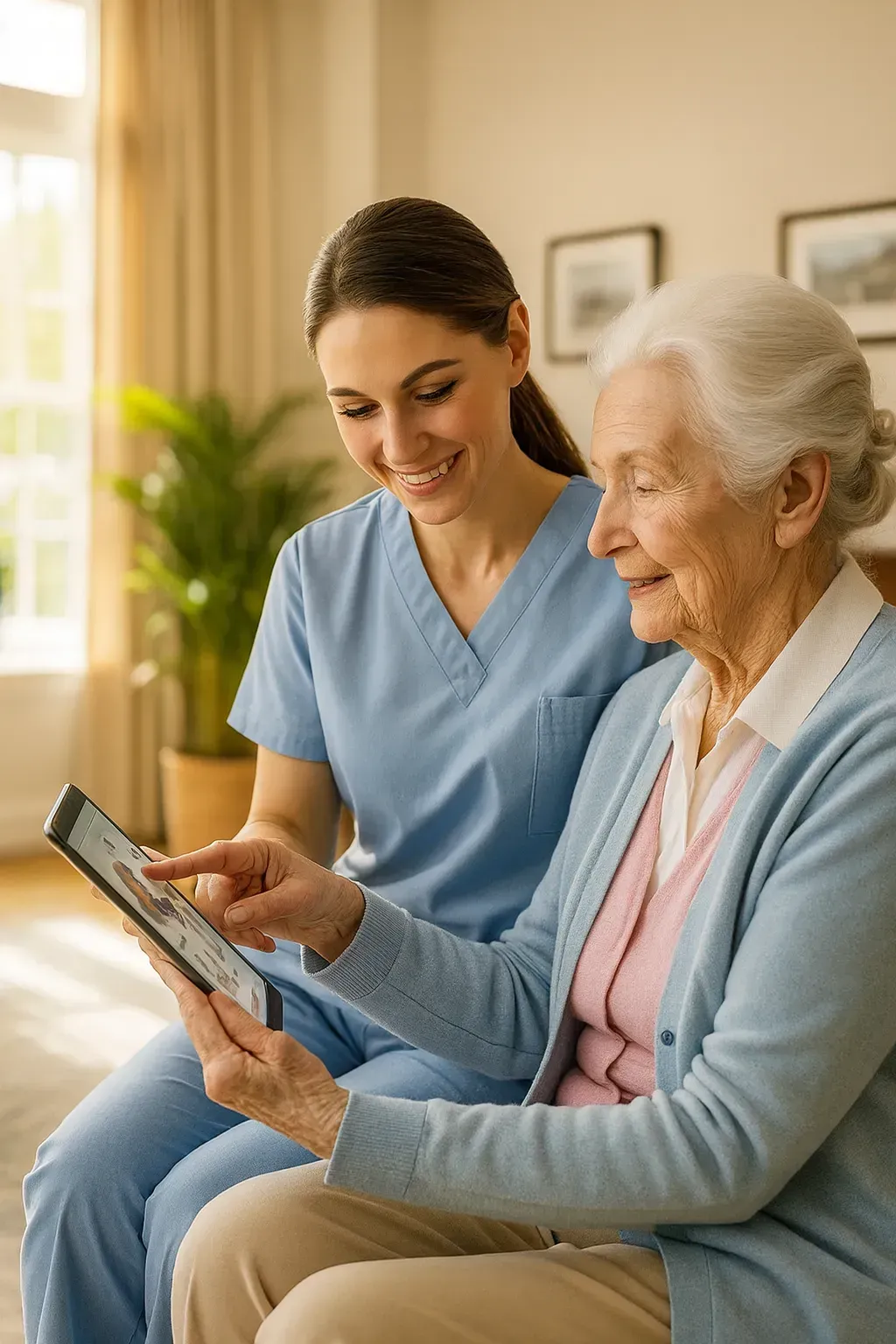 Blonde woman wrapped in a towel sits on a bed, looking out a window in a bedroom.
