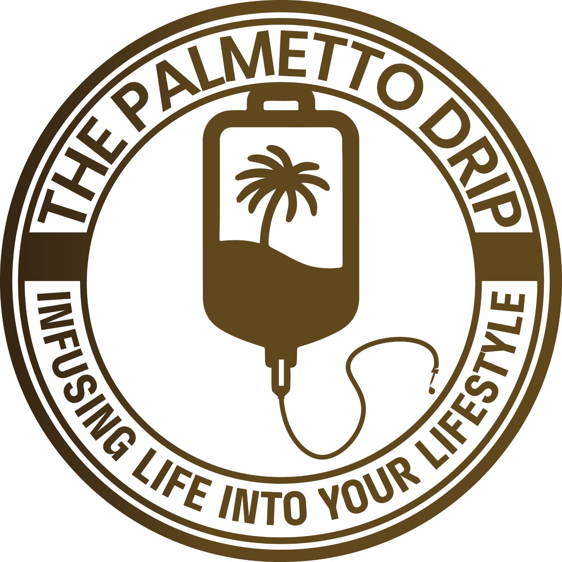 Circular logo with brown text and an IV bag containing a palm tree silhouette; "THE PALMETTO DRIP" and "INFUSING LIFE INTO YOUR LIFESTYLE".