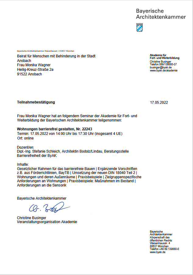 Teilnahmebestätigung Seminar Wohnungen barrierefrei gestalten Teilnahmebestätigung Seminar Wohnungen barrierefrei gestalten