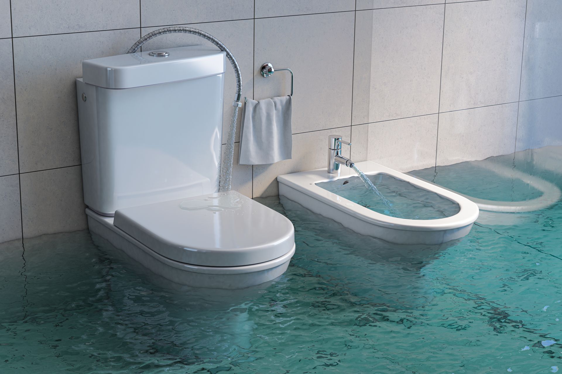 A bathroom with a toilet and bidet filled with water.
