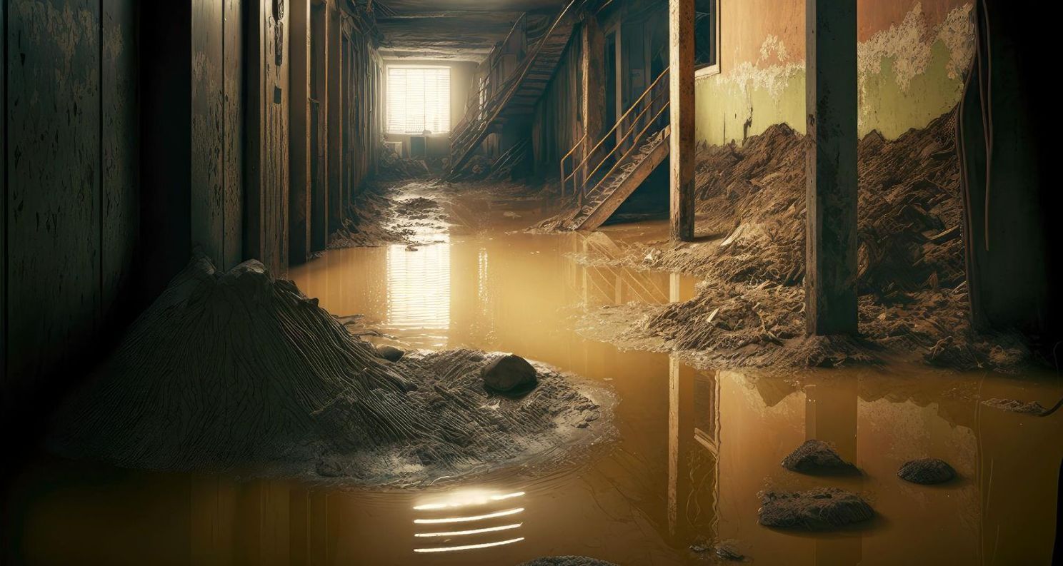 A flooded hallway with stairs and a puddle of water.