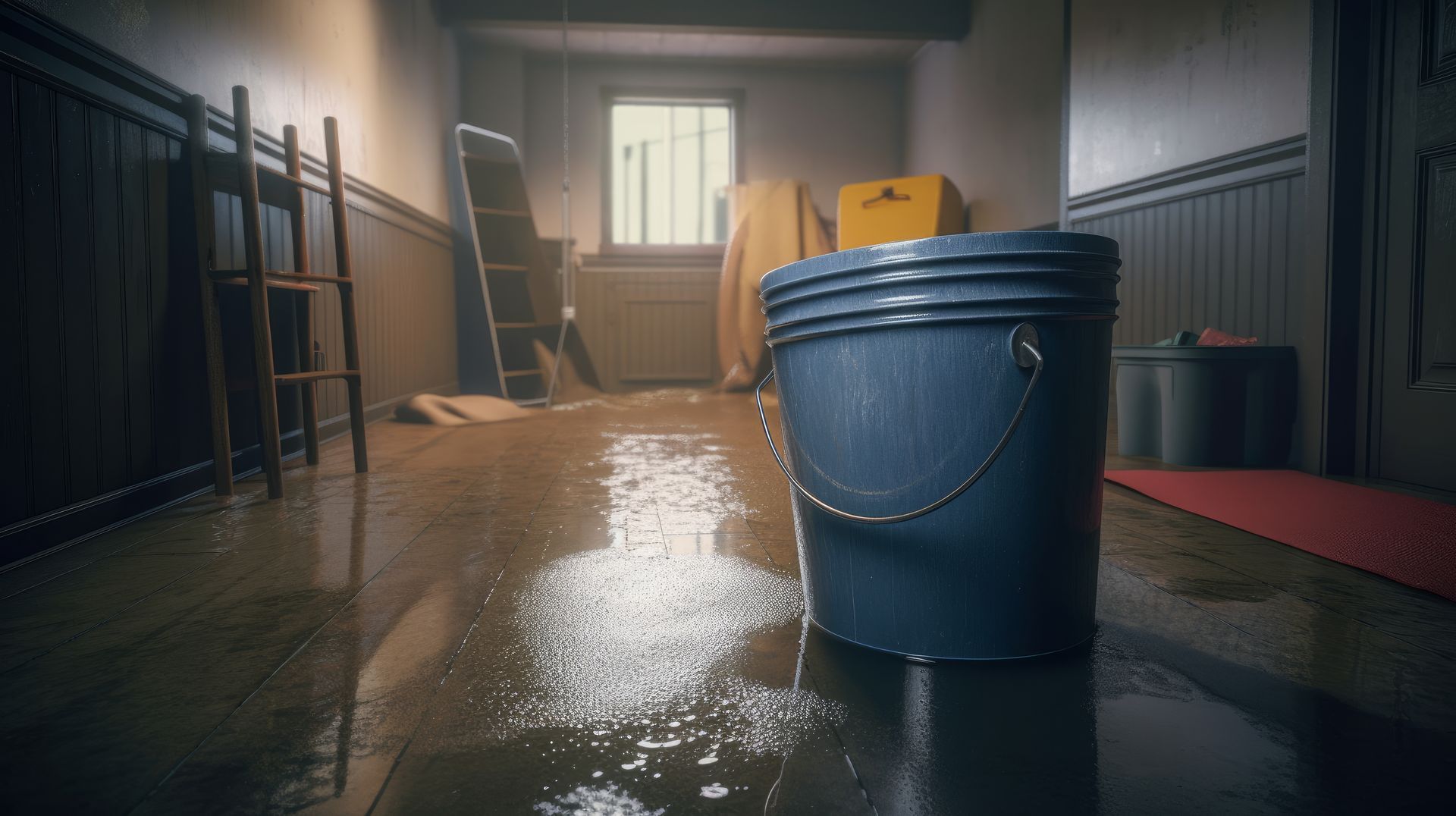 A blue bucket is sitting on the floor of a flooded room.
