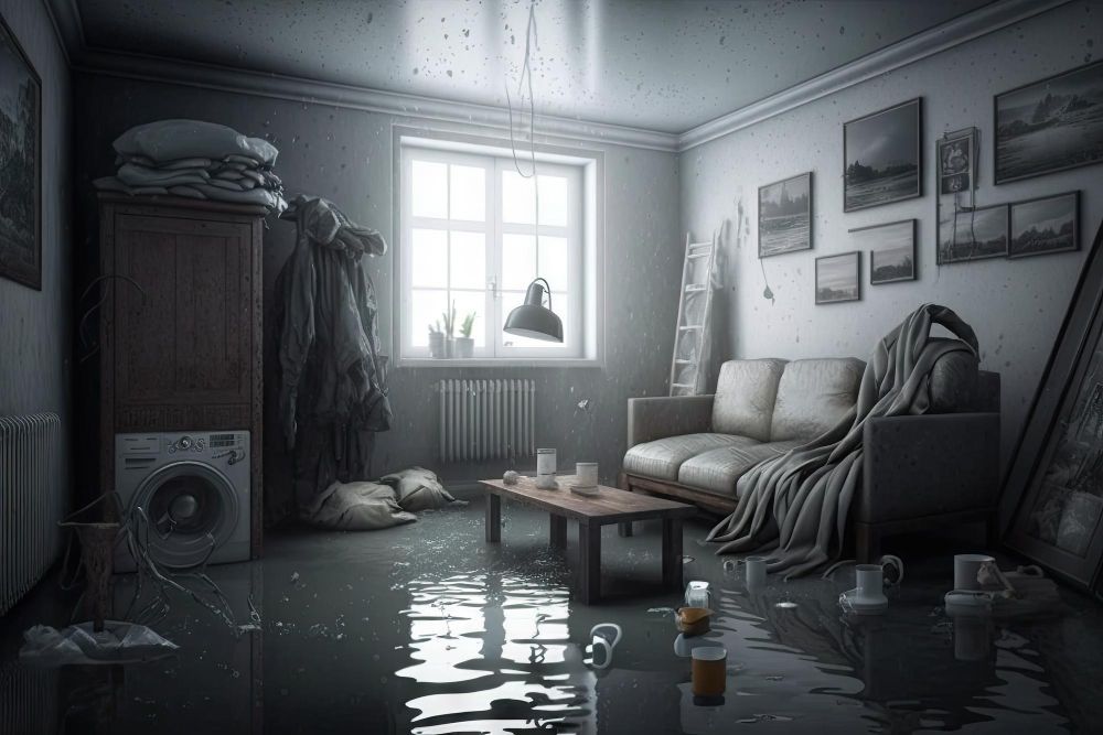 A flooded living room with a couch , coffee table , washer and dryer.