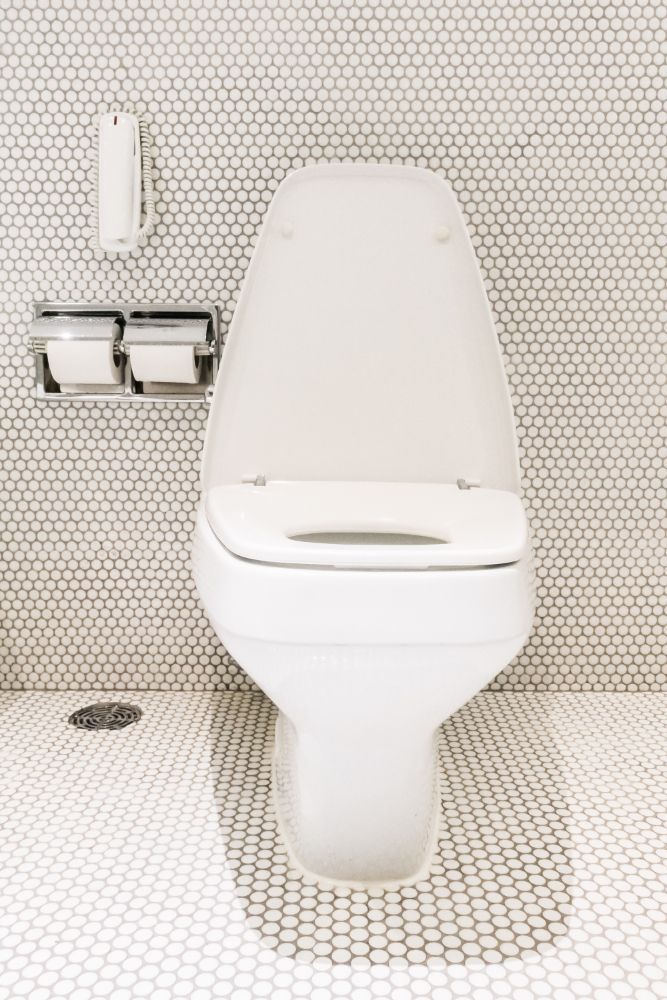 a white toilet is sitting on a tiled floor in a bathroom .
