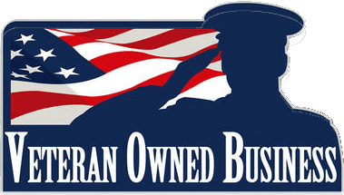 A veteran owned business logo with a saluting soldier and an american flag.