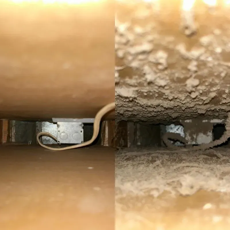 Comparison of a clean and dirty air duct. The right side shows thick dust and debris buildup.