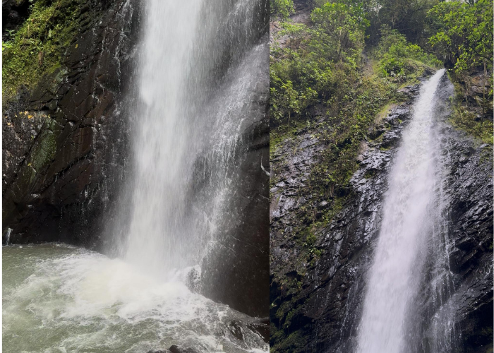 Dos cascadas caen sobre oscuros acantilados rocosos, rodeadas de una exuberante vegetación verde.