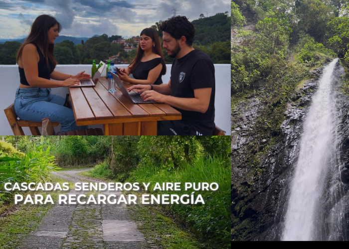 People working outdoors, a waterfall, and a path in a green area. 