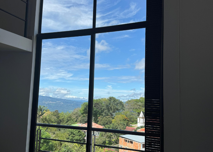 Vista desde una ventana: cielo azul, árboles verdes, edificios y un campanario de iglesia blanco.