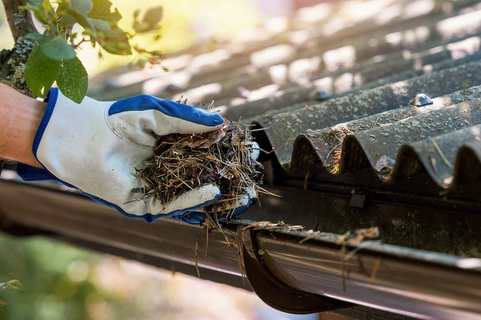 Gloved hand cleaning a gutter filled with leaves and debris.