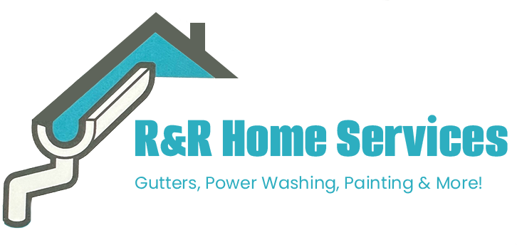 R&R Home Services logo with roof and gutter icon, teal and gray text, tagline “Gutters, Power Washing, Painting & More!”