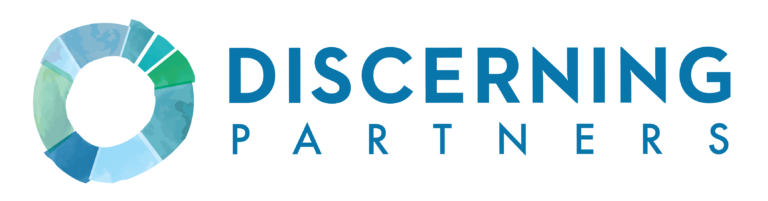A logo for discerning partners with a blue and green circle