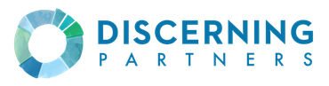 A logo for discerning partners with a blue and green circle