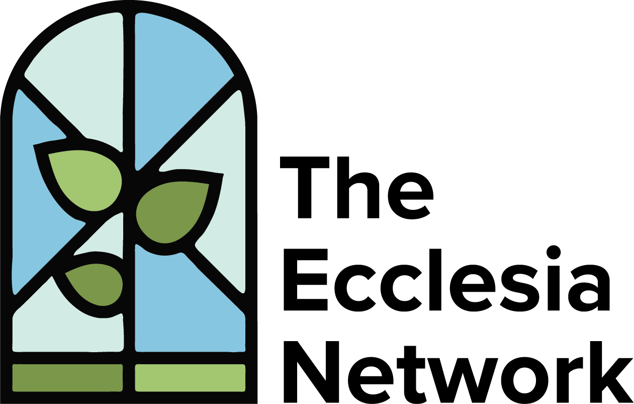 The logo for the ecclesia network is a stained glass window with leaves on it.