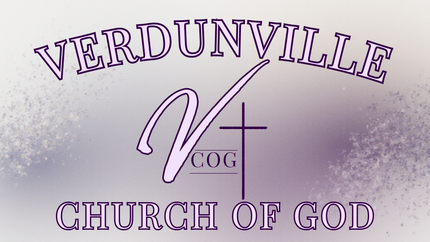 Verdunville Church of God logo with text, a stylized "V" and cross on a gradient background.