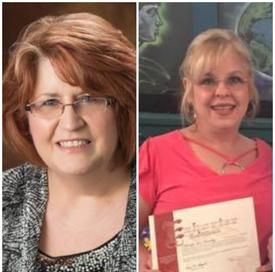 Two women side-by-side, one with red hair wearing glasses, the other blonde holding a certificate.