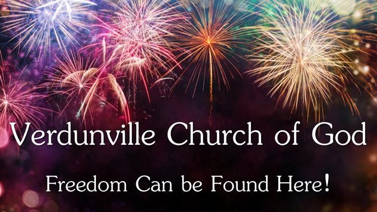 Verdunville Church of God with fireworks, text: 