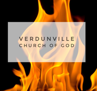 Verdunville Church of God logo with white text on a light gray box over flames.