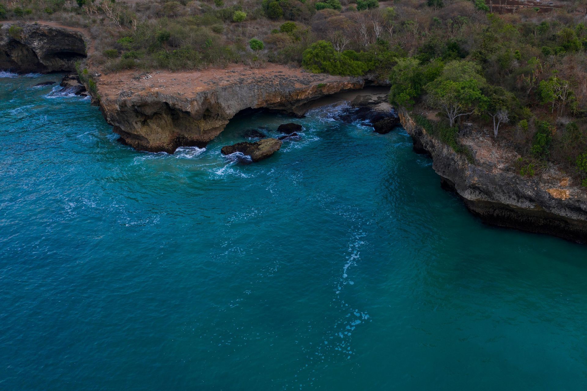Aerial view of a turquoise ocean meeting rocky cliffs covered in green foliage.