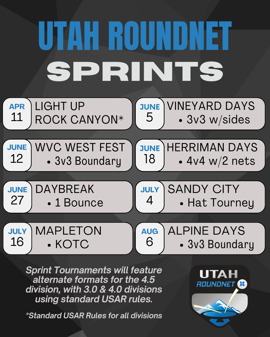 These are the short spikeball tournaments happening in Utah, with the higher division playing a variation of spikeball.