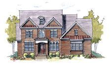 A drawing of a large brick house with a gray roof.